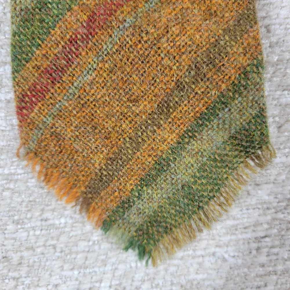 Scottish Lambswool Skinny Tie 100% Pure New Wool Raw Fringe Hem Striped Orange